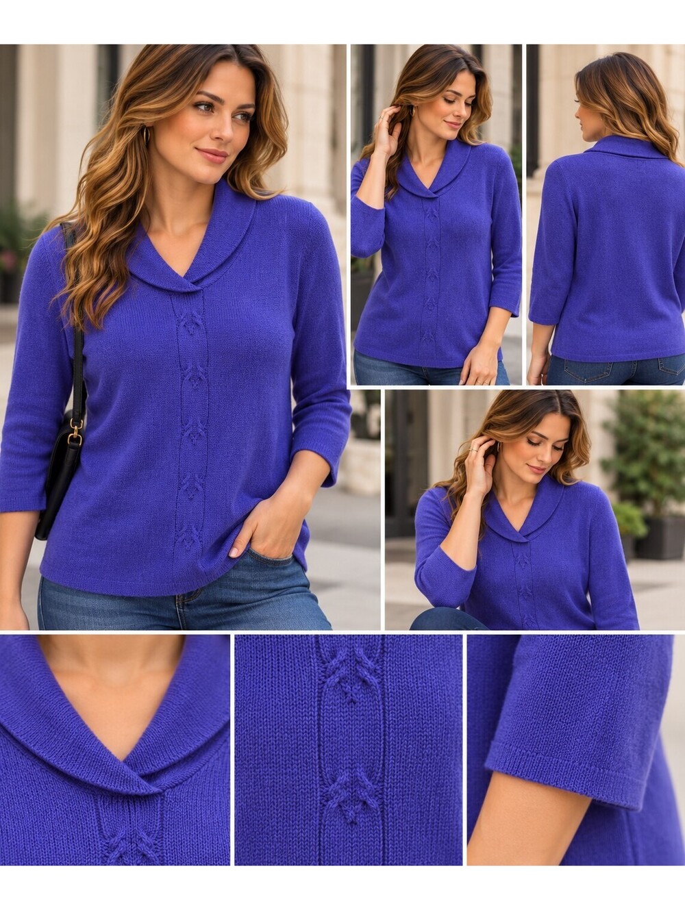 ALIA Women’s Large Purple Shawl Collar Sweater • 3/4 Sleeve • Quiet Luxury Knit